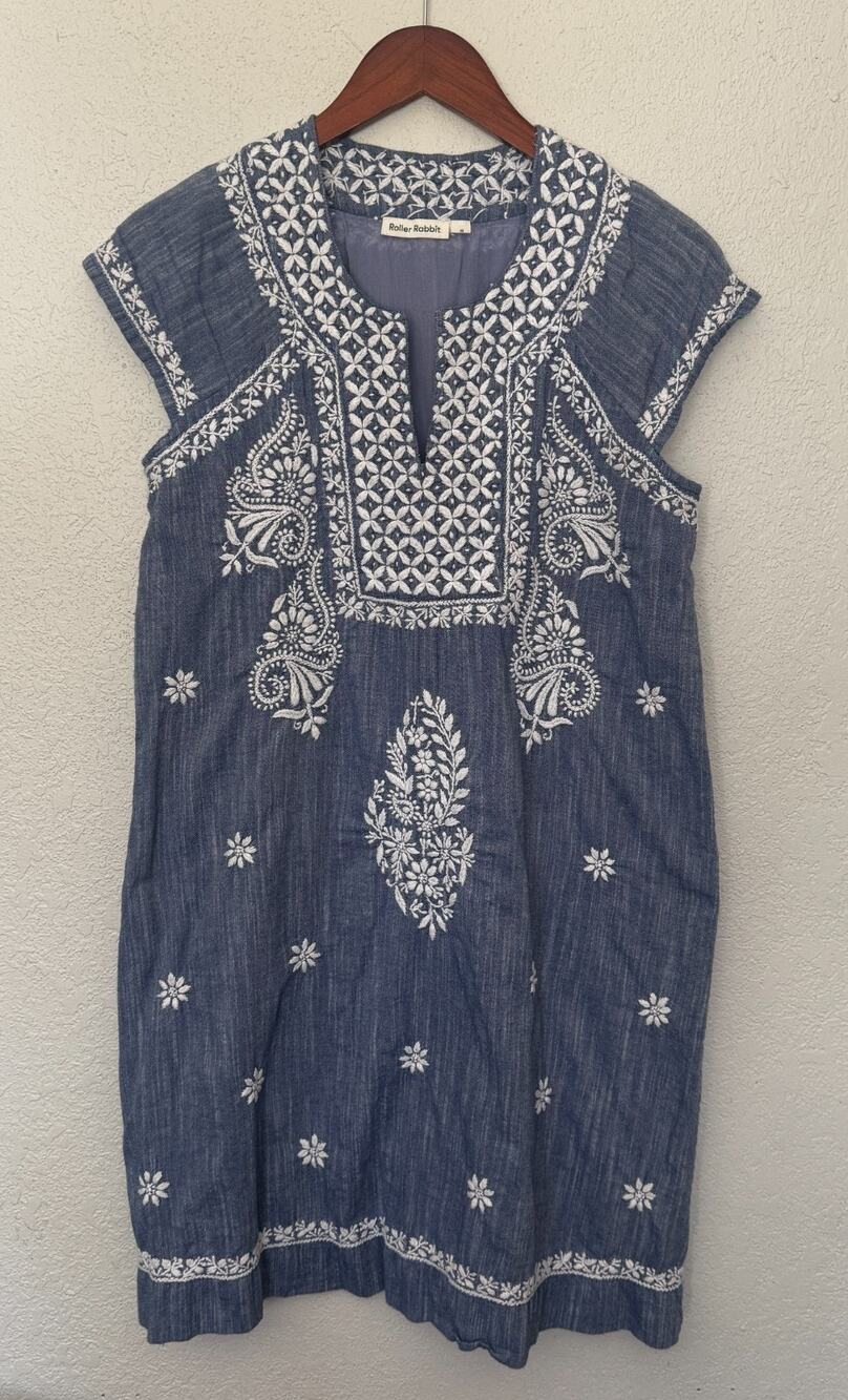 Roller Rabbit Chambray Embroidered Dress Boho Resort Shift Coastal Travel Medium